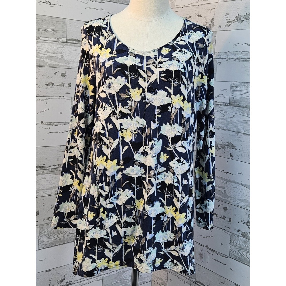 Pure Jill J. Jill Petite Large Navy Floral Cotton Modal Tunic Top Pockets